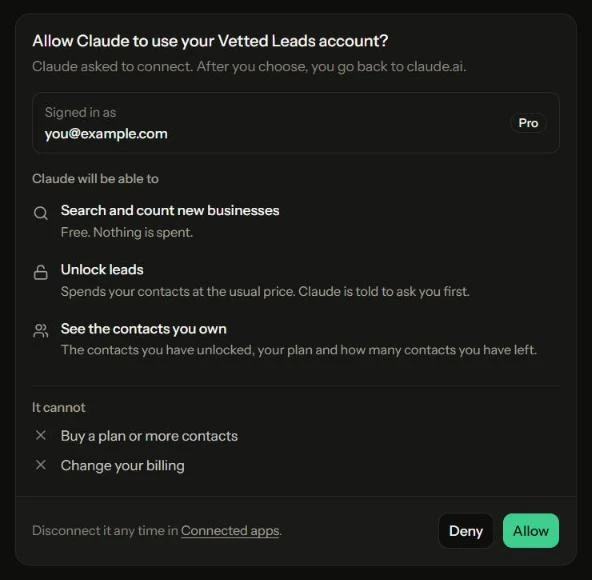 The Vetted Leads Allow page: Claude will be able to search and count new businesses, unlock leads, and see the contacts you own, and cannot buy a plan or change your billing.